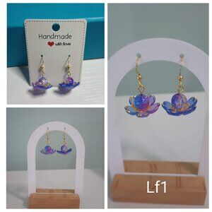 Lotus Flower Earrings Blue Purple Gold Petals with Crackle Glass Beads